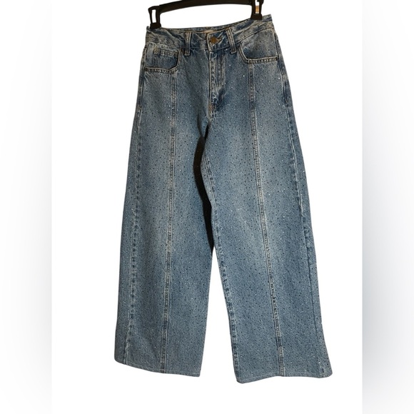Forever 21 High Rise Wide Leg Rhinestone Denim Jeans Blue Size 25 Y2K Sparkle - Picture 11 of 11
